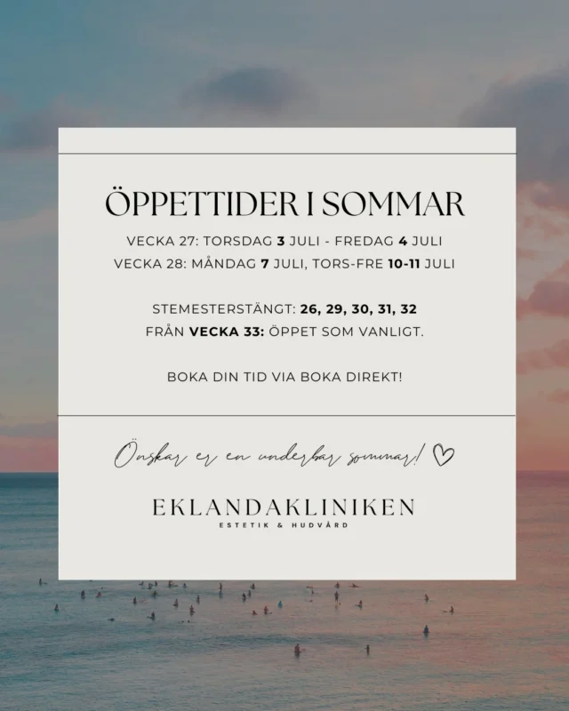 Här har ni info kring öppettider i sommar - Passa på att säkra era tider ☀️💕 🌐 www.eklandakliniken.se 👉🏻Tidsbokning via bokadirekt